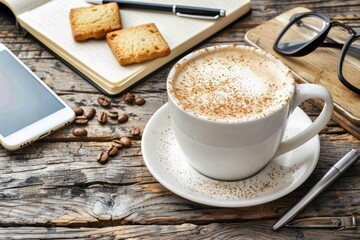 Cappuccino coffee cup on wooden desk with notebook, phone, and glasses.