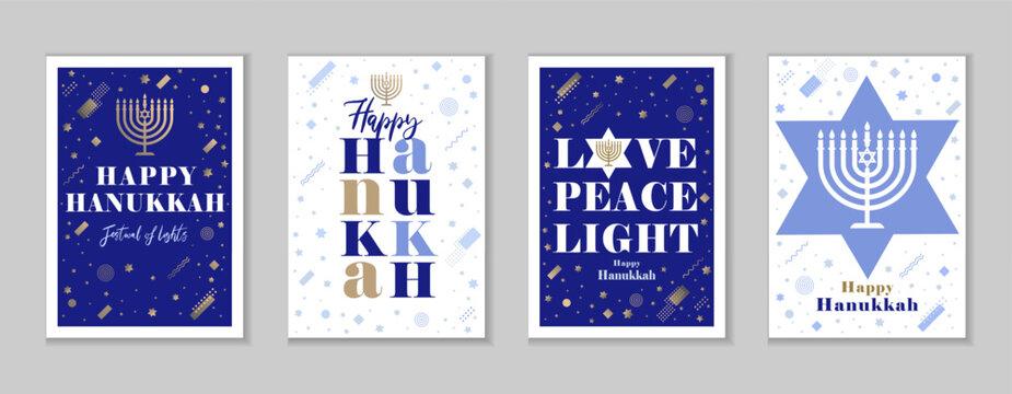 Happy Hanukkah 2025, creative greeting cards set. Vector concept for Hanukkah cover with traditional menorah candle, David stars and memphis style elements