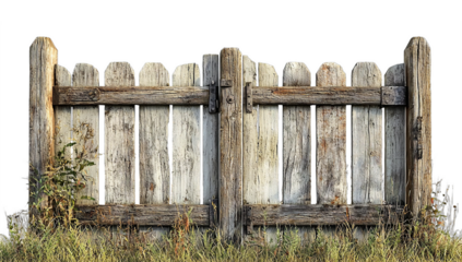 wooden gate, weathered texture, rustic, overgrown plants, grass, natural setting, countryside, vintage, symmetrical design, aged wood, serene atmosphere