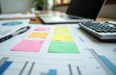 A workspace with colorful notes on paper and a laptop in an organized office environment