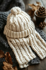  Winter Knitted Hat and Scarf on Warm Textured Surface
