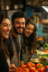 Smiling Friends Cooking Together in a Warm Kitchen
