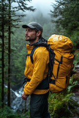  Solo Backpacker in Rainy Green Forest with Yellow Gear