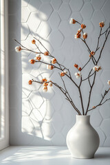 White Vase with Cotton Stems on a Sunlit Modern Background