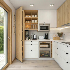 Fototapeta premium Compact Cozy Kitchen with Space-Saving Solutions and Light Wood