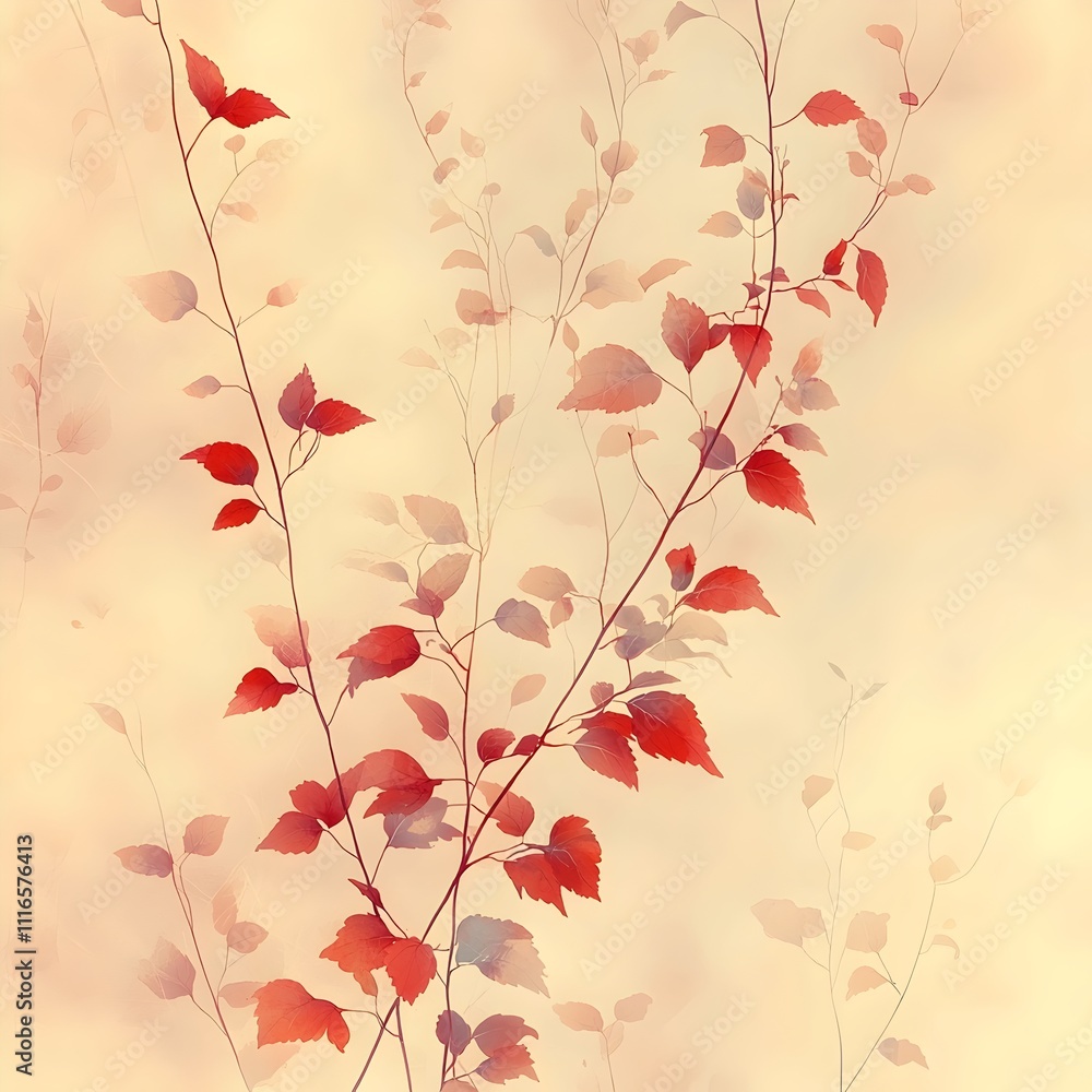 Poster a delicate arrangement of slender branches adorned with soft red leaves, creating an ethereal atmosp