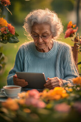 Elderly Woman in Cozy Garden Using a Digital Tablet