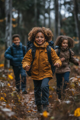 Happy Children Exploring Forest Trails During an Autumn Hike