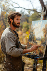 Male Artist Painting Landscape Canvas in Autumn Field