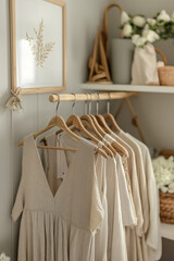 Minimalist Neutral Clothing Collection on Rustic Wooden Hangers