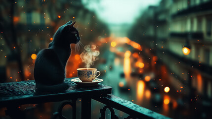A tranquil black cat gazes at a steaming coffee cup on a rain-soaked balcony, perfect for wall art, posters, and cozy home decor inspired by urban lifestyle.