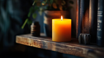 Warm Candlelight on Rustic Wooden Shelf in Cozy Setting
