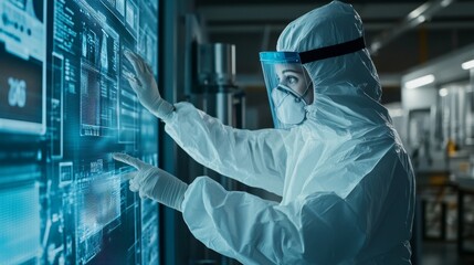 Worker in Protective Gear Inspecting Carbon Data Display
