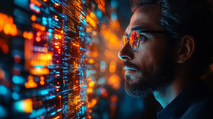 Man in glasses observes vibrant digital data flow in a dark environment at nighttime