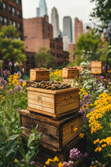 Urban Beekeeping with Wooden Hives in Blooming Wildflower Garden
