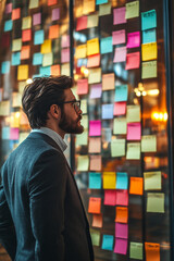 Professional in a suit studies colorful sticky notes on a glass wall during brainstorming session