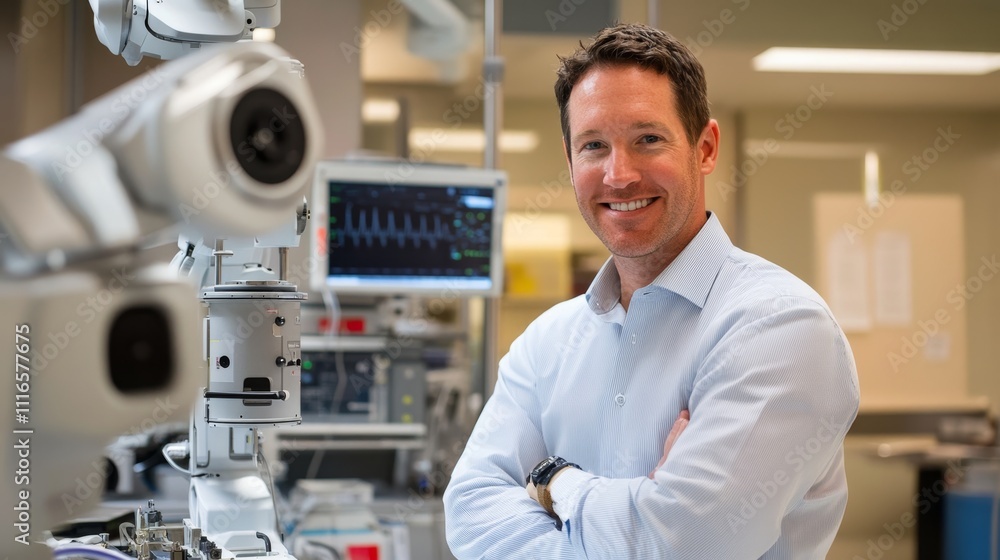 Poster engineer working on innovative robotic surgical system in lab