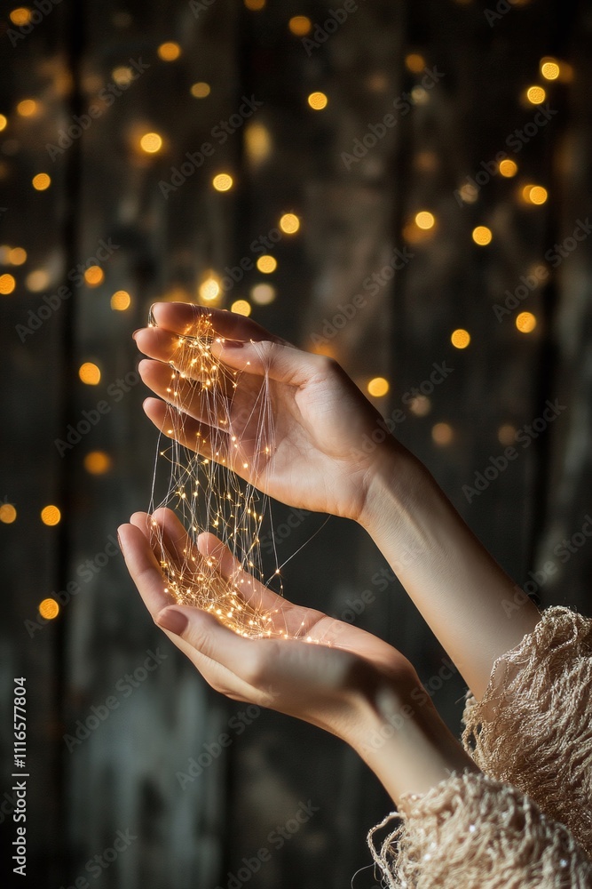Poster a pair of floating hands knitting threads of light into constellations.