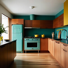Mid-century modern kitchen with retro appliances and wooden cabinetry