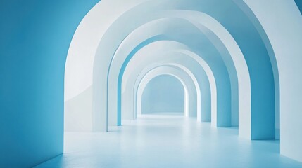 Abstract blue hallway with arches receding into the distance.