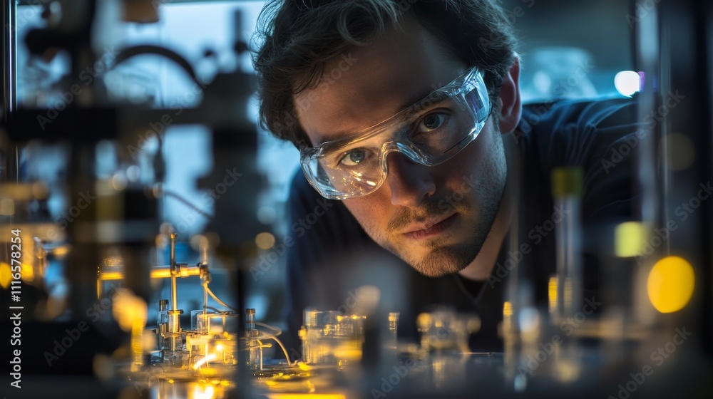 Poster scientist analyzing data in laboratory environment close-up
