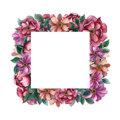 Flowers square frame with white sample. Hand drawn watercolor illustration on white background. For postcards on holidays: March 8, Birthday and jubilee, Valentine's and Mother's Day, for anniversary