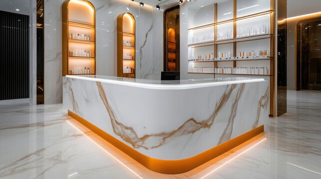 a high-end nail salon with a marble counter, gold-accented decor