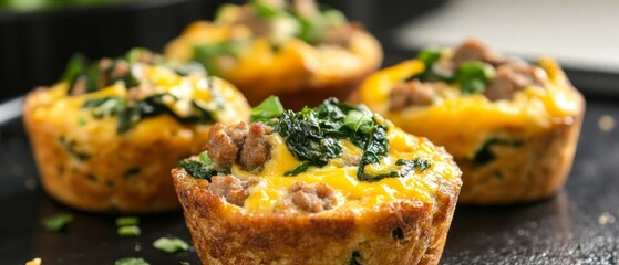 Close-up of Cheesy Spinach and Sausage Egg Bites