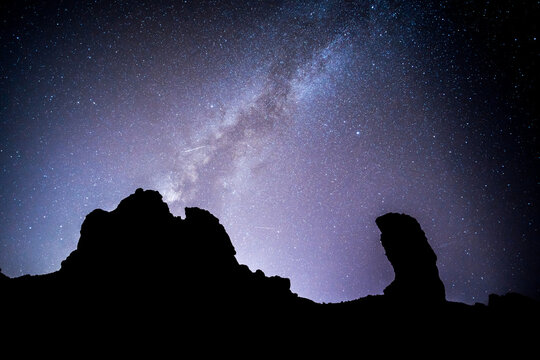 Milky way in Teide national park in Tenerife, canary island. background stars over a massive rock formation