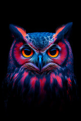 An owl with colorful, vibrant colors against a black background made in a digital art style, Oil painting effects, Poster design and picture design, Wall painting design