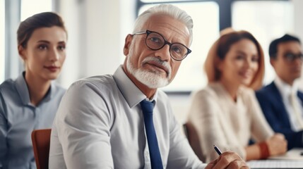 Business people in a meeting, focused on presentation.