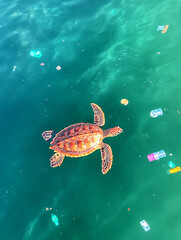 turtle swimming sea turtle swimming in water after  in the forest with plastic, chemical  and and  water pollution 