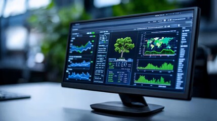 Sustainable Growth Dashboard: A modern computer monitor displays an ESG dashboard, showcasing vibrant graphs and a central image of a flourishing tree.