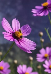 Fototapeta premium A single bee flying away from a purple cosmos flower after collecting pollen, bees in motion, botanical features