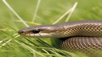 Obraz premium Close-up of a snake coiled in green grass.