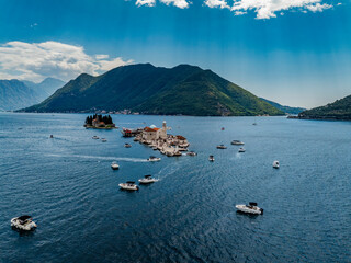 Aerial View of Gospa od skrpjela Island and St. George Catholic Monastery with Boats in Kotor Bay