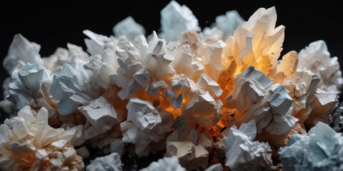 Barite barium sulfate crystals on a black background, sulfide minerals, black backgrounds, crystal formations