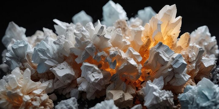 Barite barium sulfate crystals on a black background, sulfide minerals, black backgrounds, crystal formations