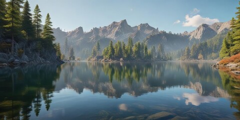 Naklejka premium Reflections on the calm surface of a crystal-clear lake with surrounding hills and cypress trees, lake reflections, lago di como, cypress tree