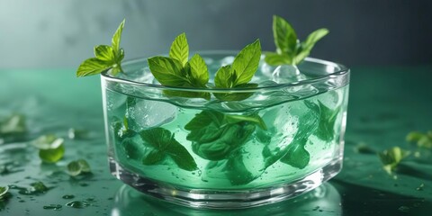 Minty green garnish floating on top of the liquid, lime, herbal, fresh