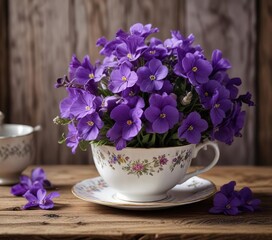 A beautiful bouquet of violet flowers in a elegant teacup on a rustic wooden table, Flowers,...