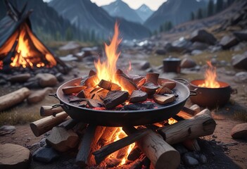 Cooking a meal over an open campfire in the mountains, natural environment, mountain scenery