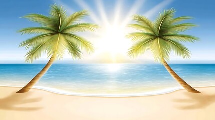 Two Palm Trees on a Sandy Beach with Blue Water and Sunny Sky