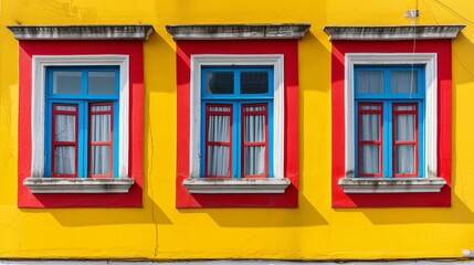 Obraz premium Exterior facade of a residential building with three windows. Illustration for cover, postcard, interior design, brochure, presentation.