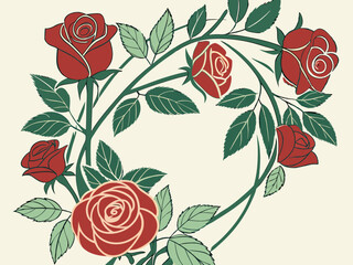 Festive roses in red and green tones, with stems forming a wreath shape.
