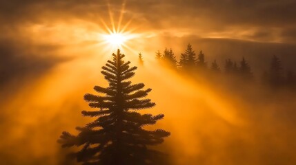 Naklejka premium Golden Sunrise Illuminates Foggy Mountain Conifers