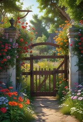 Obraz premium Overgrown garden with wildflowers and a wooden gate , garden, overgrowth, natural