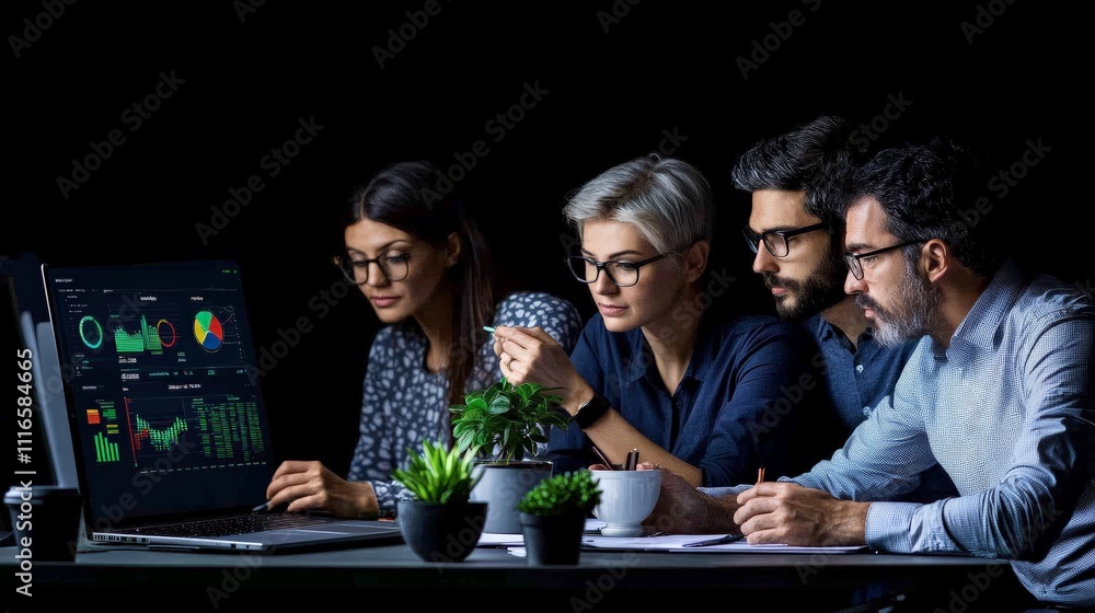 Poster strategic collaboration: a team of diverse professionals huddle around a laptop, deeply engrossed in