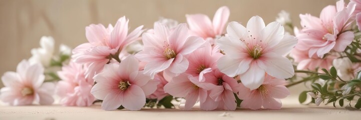 Fototapeta premium Soft pink and white flowers against a creamy background, romantic ambiance, serene decor, soft hues