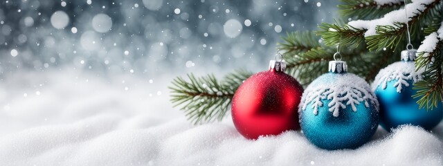A Christmas card. Bright Christmas balls on snow-covered Christmas tree branches lie on the snow. A banner with space for text.